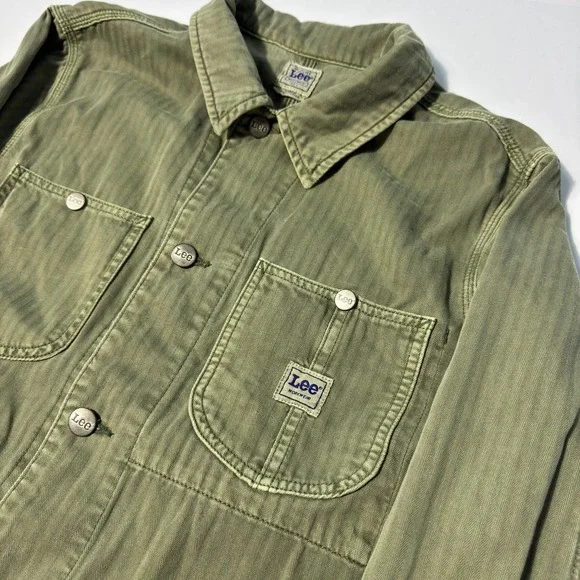 Vintage Lee Military Chore Jacket Mens Large Green Railroad Stripe Workwear - Picture 3 of 9